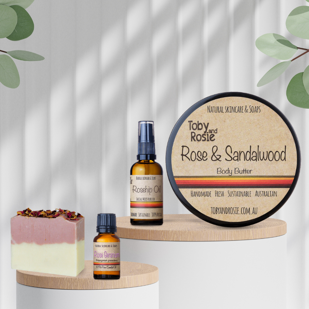 Rose Lover&#39;s Luxury Bundle: Indulge in Body Butter, Rosehip Oil, Geranium Oil &amp; Rose Soap